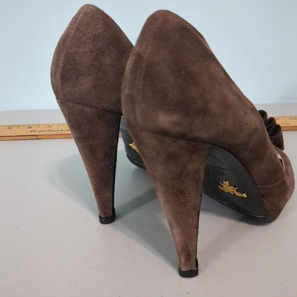 PRADA Womens Size US 5 EUR 35 Brown Suede Flap Platform Pumps Open Toe Italy - Picture 2 of 6